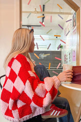 Envi Pink And Red Checkered Knit Cardigan