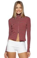 Poppi Burgundy Stripe Double Zip Sweater