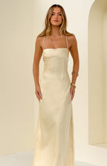 Astlee Yellow Satin Formal Maxi Dress