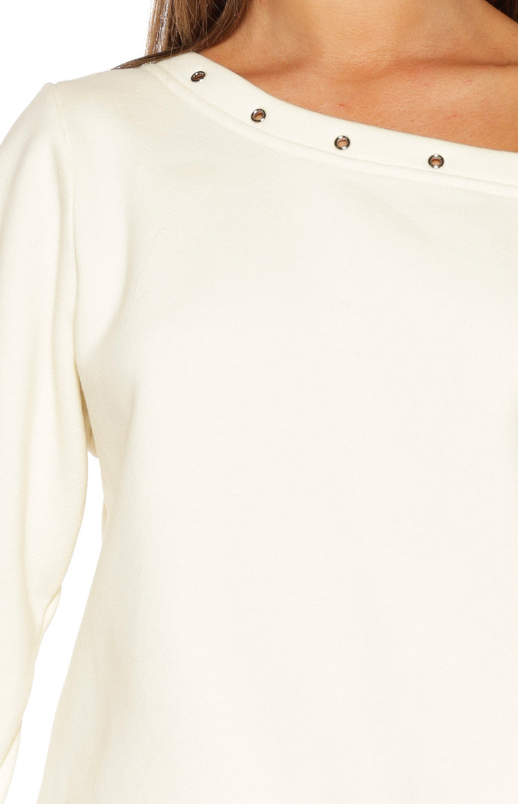 Bambi Cream Asymmetric Neckline Eyelet Sweater