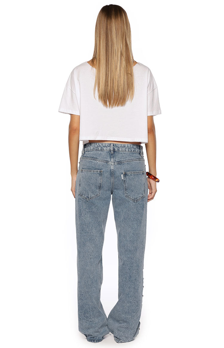 Charli Mid Wash Denim Studded Low Waist Baggy Leg Jeans