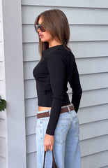 Nina Black Ribbed Knit Long Sleeve Sweater