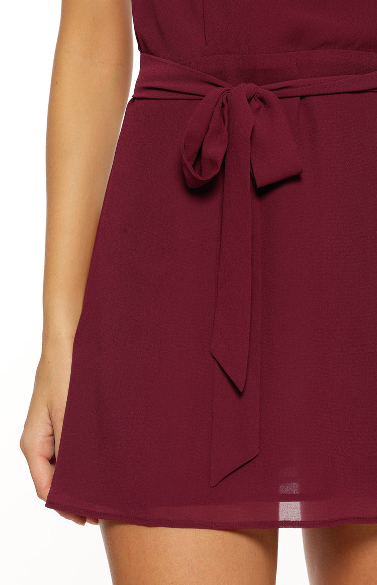Jazmene Burgundy Halter Neck Wrap Mini Dress