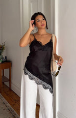 Ziva Black Satin Lace Trim Asymmetrical Top